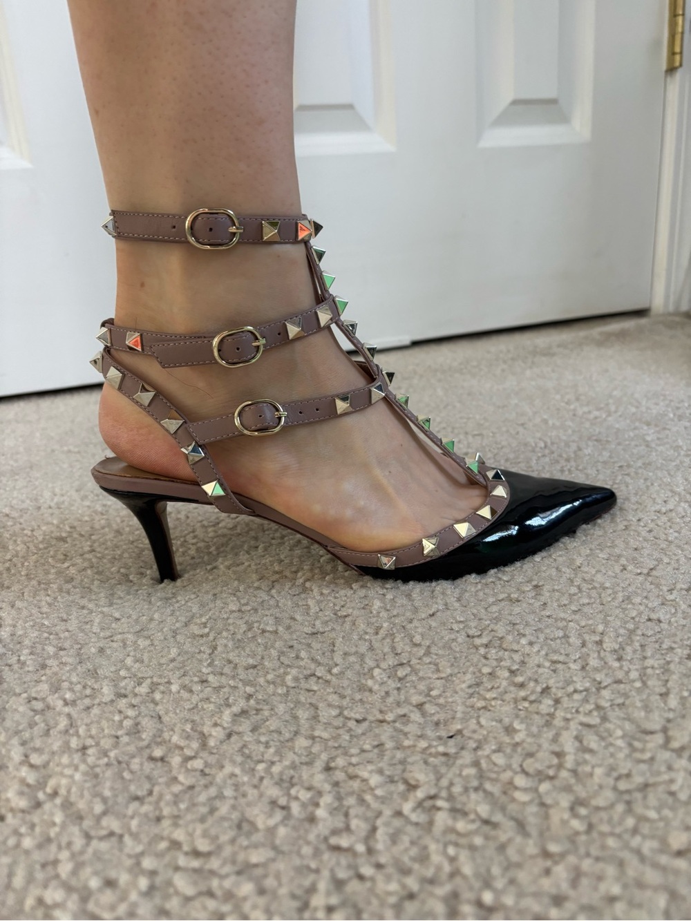 Patent Black Pointed Kitten Heel with Tan Studded Straps